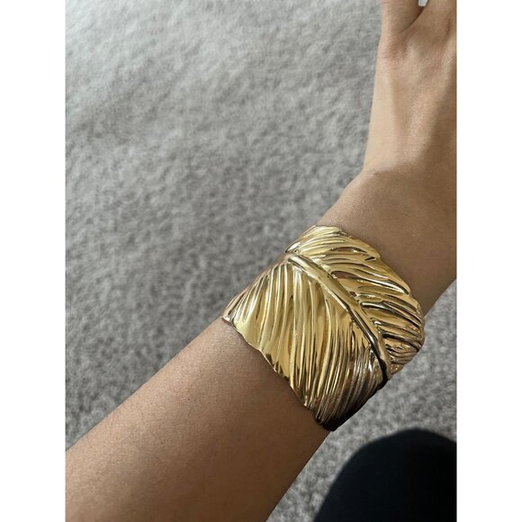 wide gold cuff leaf bracelet bangle large wedding metal boho chunky statement - Picture 6 of 9